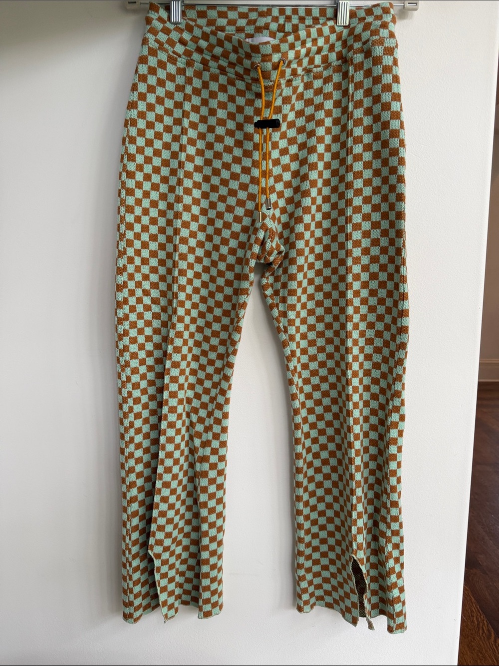 Checkerboard Knit Boot Cut Pants in Brown & Light Blue